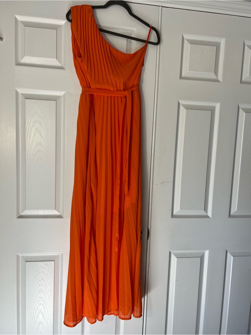 One-Shoulder Orange Pleated Maxi Dress with Waist Tie